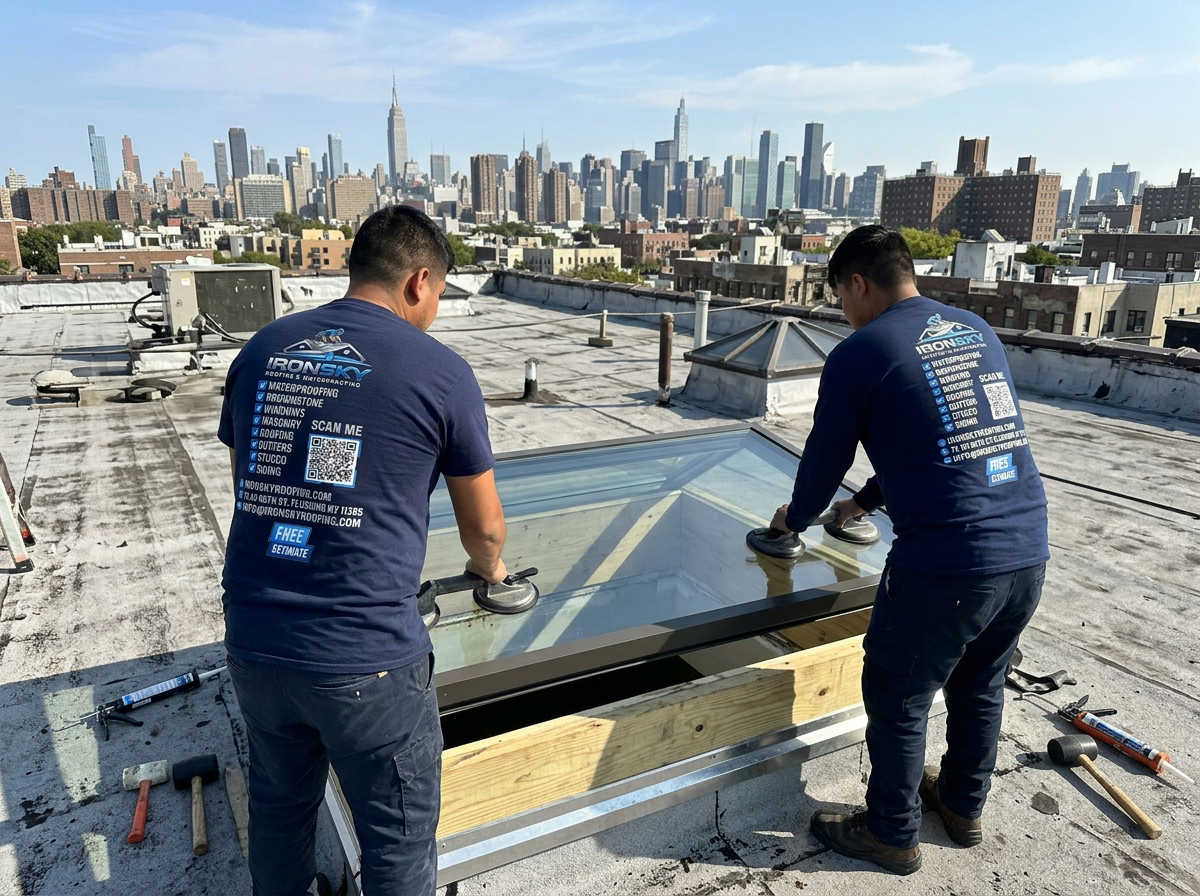 Two IronSky workers lifting a large skylight glass panel onto a NYC flat roof