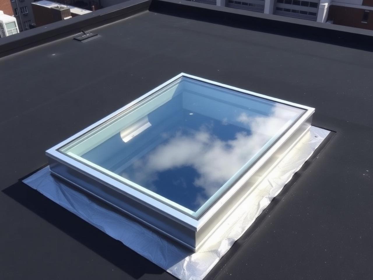 Brand new flat fixed skylight installed on a black flat roof in NYC