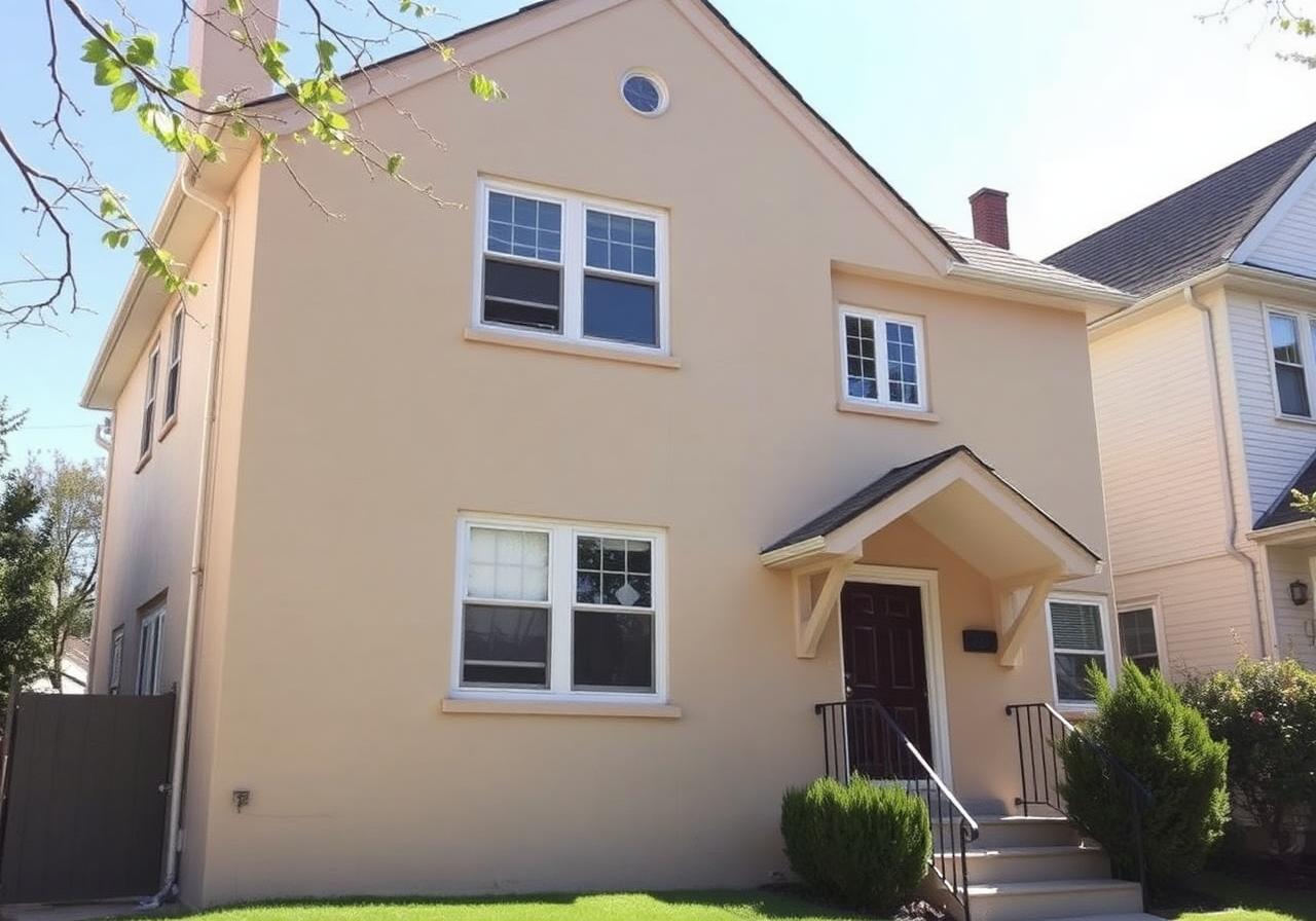 Freshly stuccoed beige two-story home in Queens