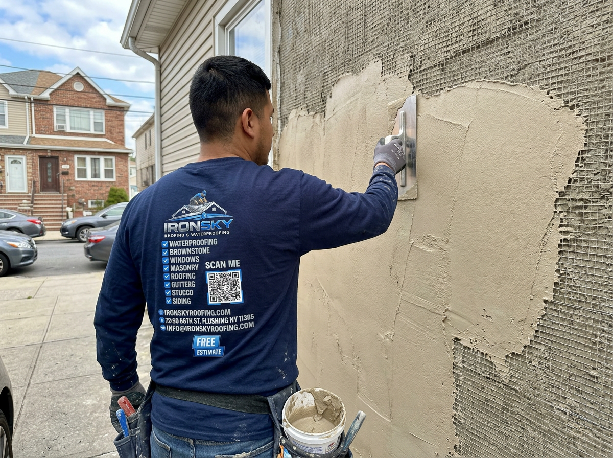 IronSky worker troweling smooth fresh stucco onto an exterior wall