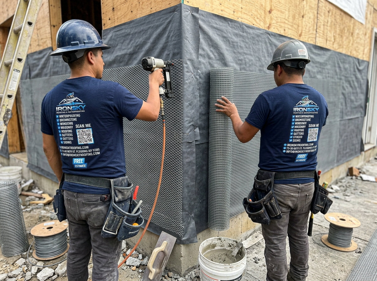 Two IronSky crew members attaching wire lath mesh before stucco application