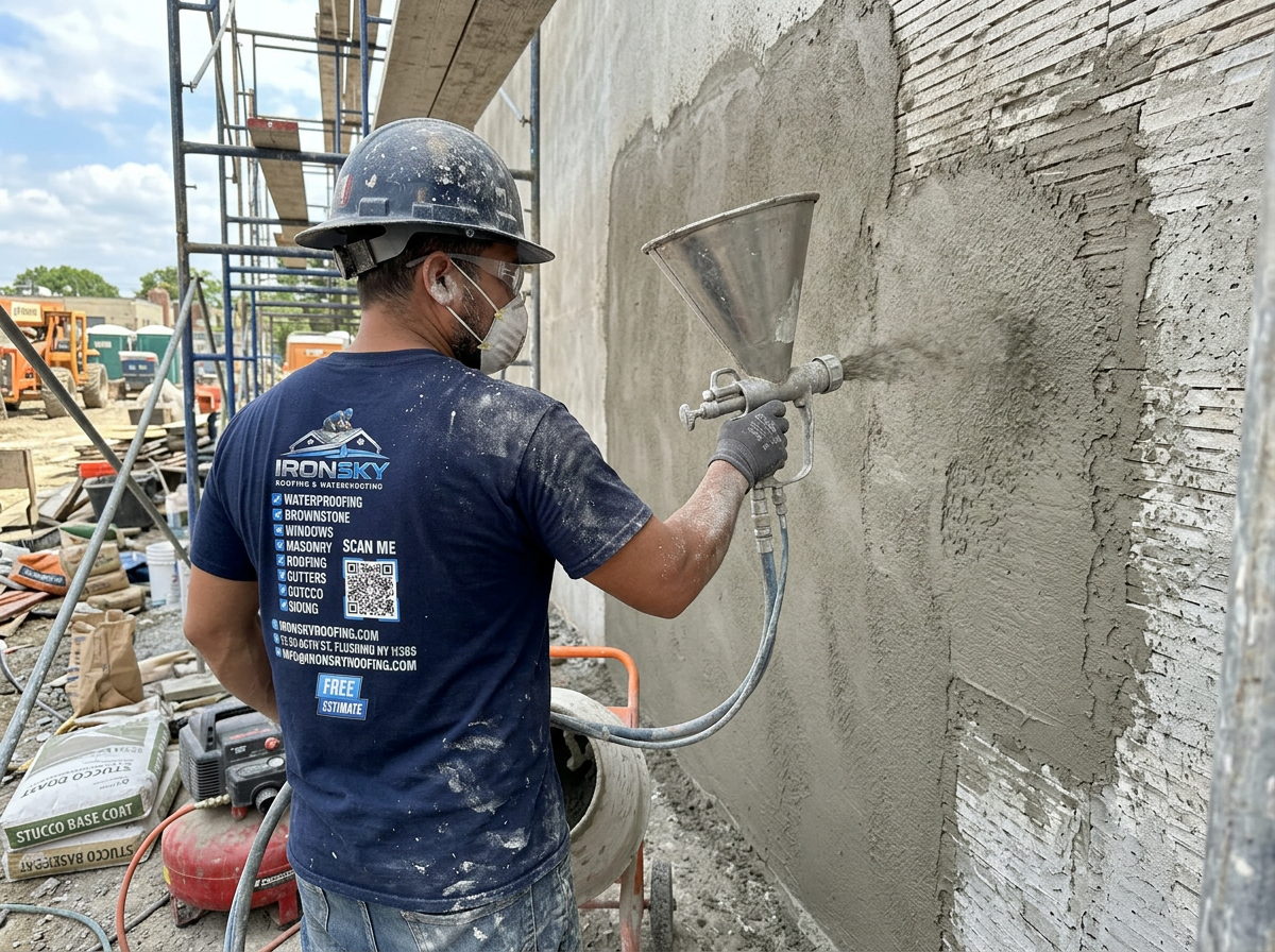 IronSky stucco worker spraying base-coat stucco onto a wall