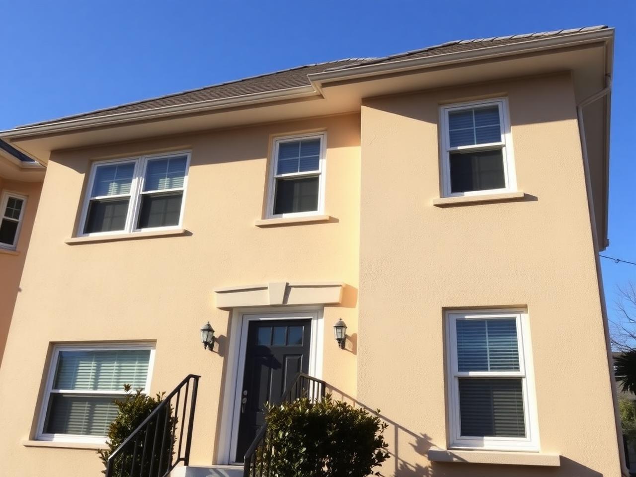 Freshly stuccoed beige two-story Queens home with smooth even texture