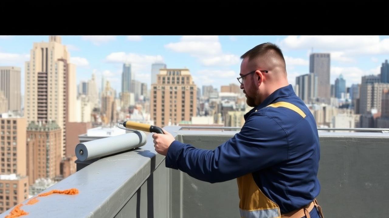 Worker in navy IronSky shirt applying liquid waterproofing membrane on a NYC terrace