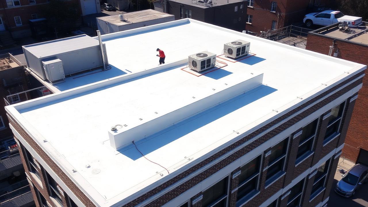 Bright white TPO single-ply membrane flat roof installed on a NYC building