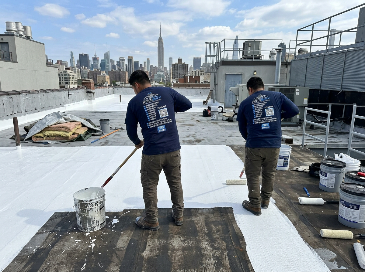 IronSky crew members applying liquid white waterproofing membrane on a NYC rooftop