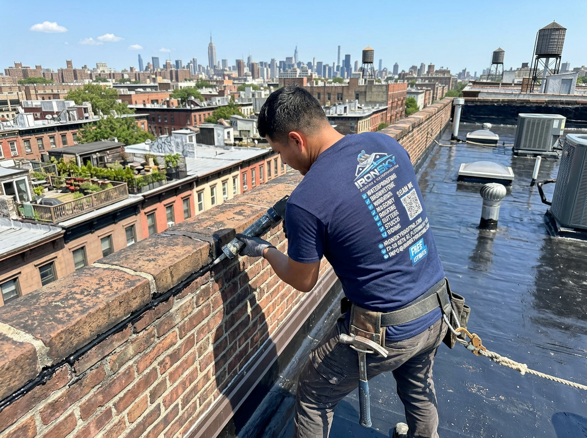 IronSky technician sealing a parapet wall flashing on a Brooklyn rooftop