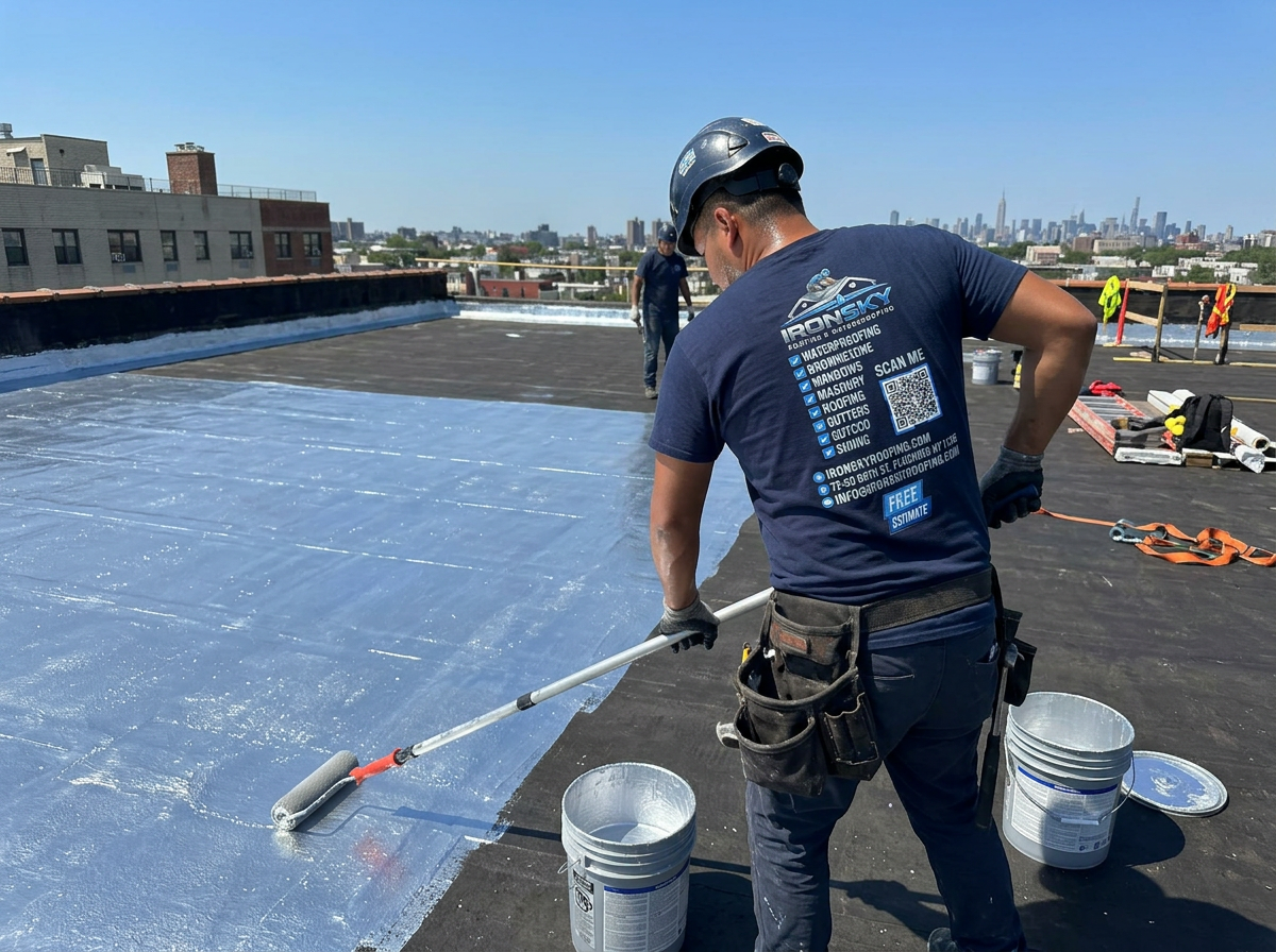 IronSky worker rolling silver reflective coating across a flat roof