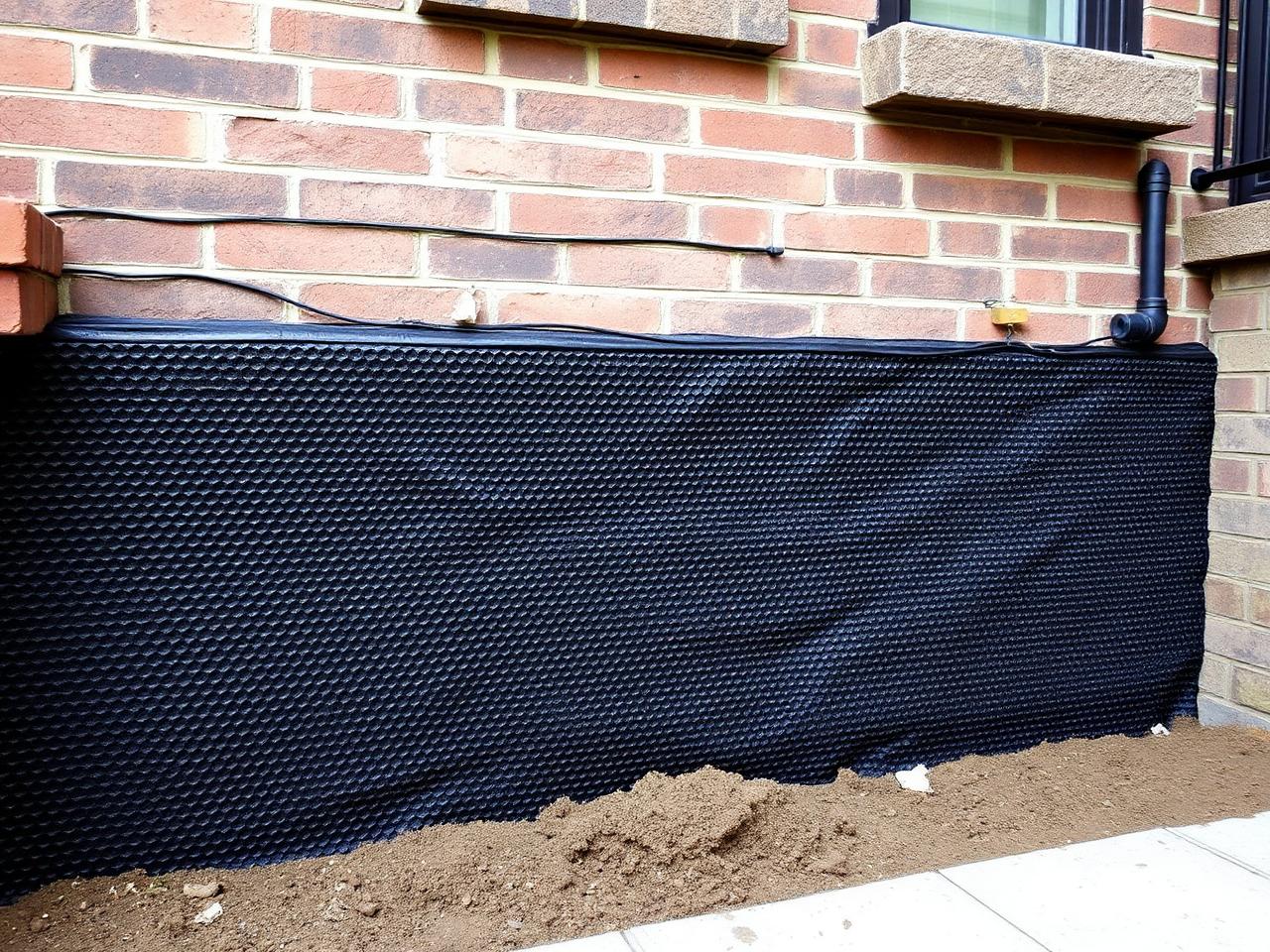 Finished black dimpled drainage membrane on a Brooklyn brownstone foundation wall
