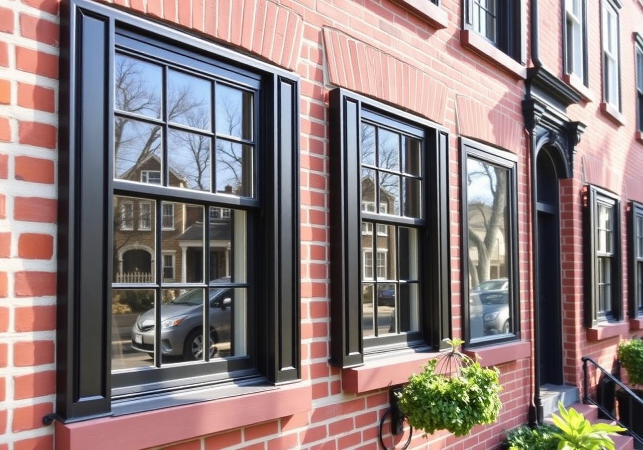 Row of new black-framed windows on a brick NYC rowhouse