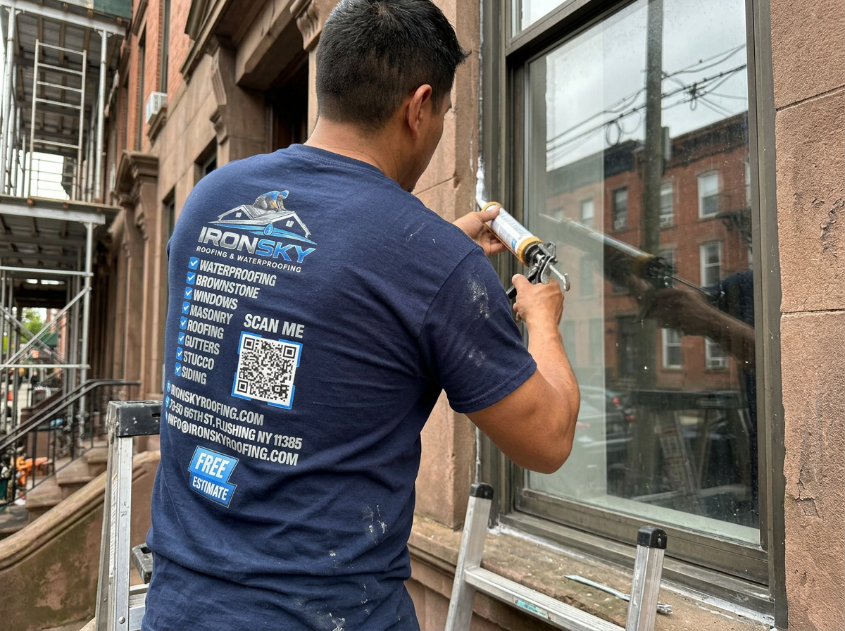 IronSky technician applying sealant around an exterior window frame