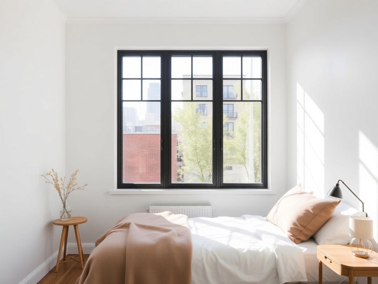 Bright bedroom with a newly installed black-framed window