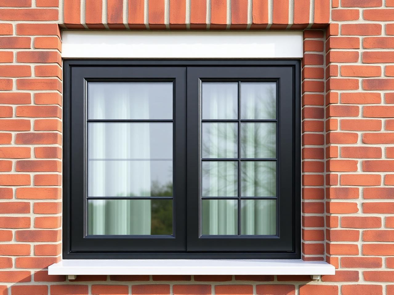 Finished black double window set neatly installed in a brick wall